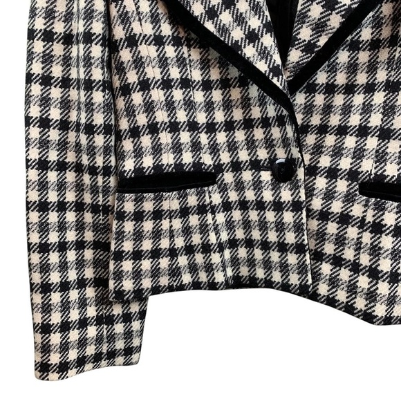 Louis Feraud Wool Gingham Plaid Velvet Trim Buttoned Blazer Jacket Black Ivory 4 - Picture 3 of 8